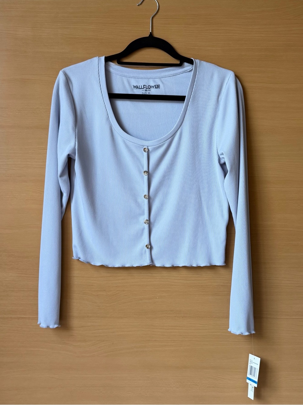 NWT WallFlower Blue Ribbed Button Front Crop Top Long Sleeve Stretch XL